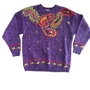 Rebecca Stone Women's Purple Embroidered Crew Neck Long Sleeves Sweater Size M
